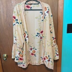 Floral Kimono Cardigan with Lace Trim